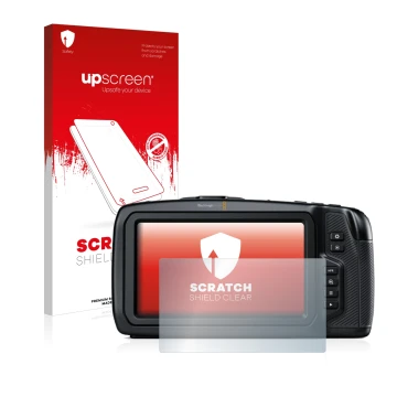 Parte frontal de un envase de producto con el logotipo de la marca upscreen. Al lado se muestra el dispositivo Blackmagic Pock