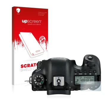 Parte frontal de un envase de producto con el logotipo de la marca upscreen. Al lado se muestra el dispositivo Canon EOS 6D (p