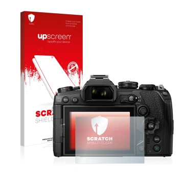 Parte frontal de un envase de producto con el logotipo de la marca upscreen. Al lado se muestra el dispositivo Olympus OM-D E-