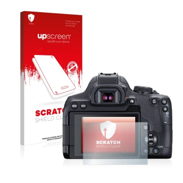 Parte frontal de un envase de producto con el logotipo de la marca upscreen. Al lado se muestra el dispositivo Canon EOS 850D 