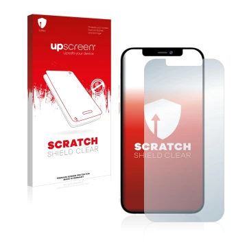 Parte frontal de un envase de producto con el logotipo de la marca upscreen. Al lado se muestra el dispositivo Apple iPhone 12