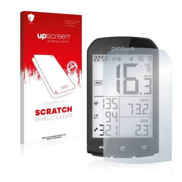 Parte frontal de un envase de producto con el logotipo de la marca upscreen. Al lado se muestra el dispositivo Cycplus M1 2.9