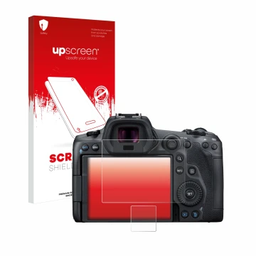 Parte frontal de un envase de producto con el logotipo de la marca upscreen. Al lado se muestra el dispositivo Canon EOS R5 co