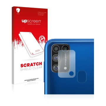 Parte frontal de un envase de producto con el logotipo de la marca upscreen. Al lado se muestra el dispositivo Samsung Galaxy 