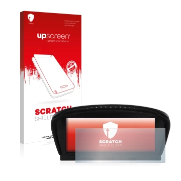 Parte frontal de un envase de producto con el logotipo de la marca upscreen. Al lado se muestra el dispositivo BMW 5 E60 2003-