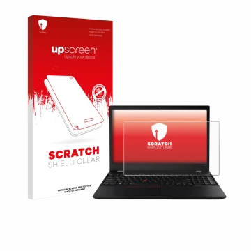 Parte frontal de un envase de producto con el logotipo de la marca upscreen. Al lado se muestra el dispositivo Lenovo ThinkPad