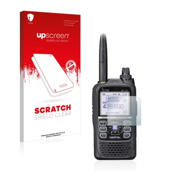 Parte frontal de un envase de producto con el logotipo de la marca upscreen. Al lado se muestra el dispositivo Icom ID-51E Plu