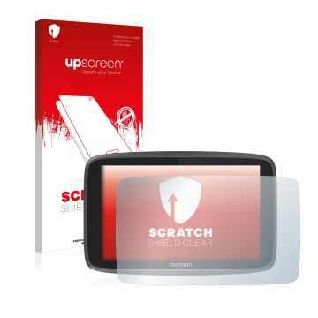 Parte frontal de un envase de producto con el logotipo de la marca upscreen. Al lado se muestra el dispositivo TomTom Go Profe
