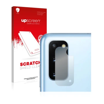 Parte frontal de un envase de producto con el logotipo de la marca upscreen. Al lado se muestra el dispositivo Samsung Galaxy 