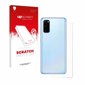Parte frontal de un envase de producto con el logotipo de la marca upscreen. Al lado se muestra el dispositivo Samsung Galaxy 