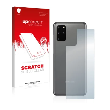 Parte frontal de un envase de producto con el logotipo de la marca upscreen. Al lado se muestra el dispositivo Samsung Galaxy 