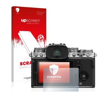 Parte frontal de un envase de producto con el logotipo de la marca upscreen. Al lado se muestra el dispositivo Fujifilm X-T4 c