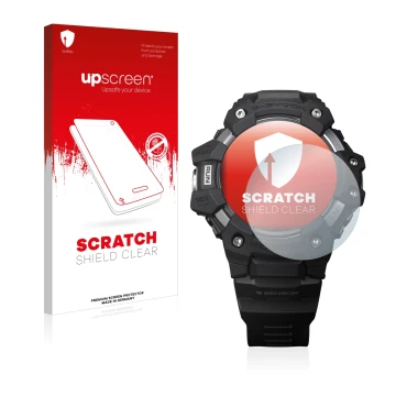 Parte frontal de un envase de producto con el logotipo de la marca upscreen. Al lado se muestra el dispositivo Casio G-Shock G