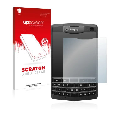 Parte frontal de un envase de producto con el logotipo de la marca upscreen. Al lado se muestra el dispositivo Unihertz Titan 