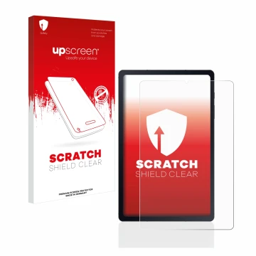 Parte frontal de un envase de producto con el logotipo de la marca upscreen. Al lado se muestra el dispositivo Samsung Galaxy 