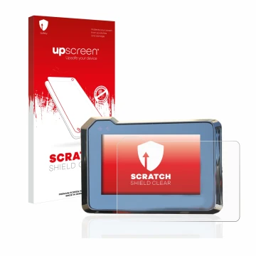 Parte frontal de un envase de producto con el logotipo de la marca upscreen. Al lado se muestra el dispositivo KTM 1290 Super 