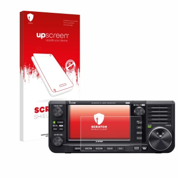 Parte frontal de un envase de producto con el logotipo de la marca upscreen. Al lado se muestra el dispositivo Icom IC-705 con