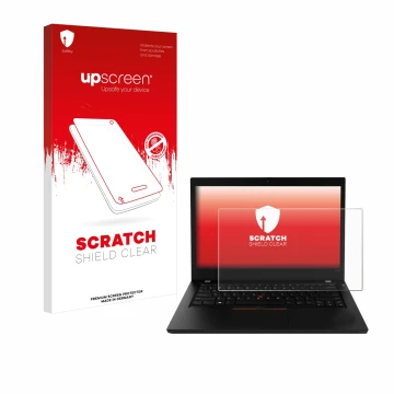 Parte frontal de un envase de producto con el logotipo de la marca upscreen. Al lado se muestra el dispositivo Lenovo ThinkPad