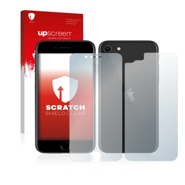 Parte frontal de un envase de producto con el logotipo de la marca upscreen. Al lado se muestra el dispositivo Apple iPhone SE