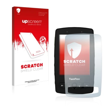 Parte frontal de un envase de producto con el logotipo de la marca upscreen. Al lado se muestra el dispositivo TwoNav Aventura