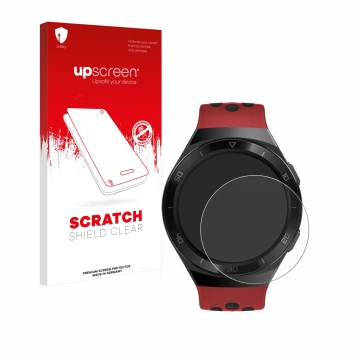 Parte frontal de un envase de producto con el logotipo de la marca upscreen. Al lado se muestra el dispositivo Huawei Watch GT