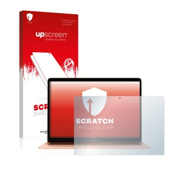 Parte frontal de un envase de producto con el logotipo de la marca upscreen. Al lado se muestra el dispositivo Apple MacBook A
