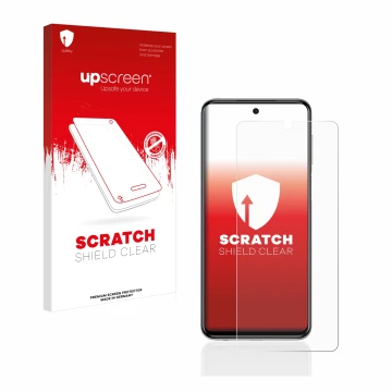 Parte frontal de un envase de producto con el logotipo de la marca upscreen. Al lado se muestra el dispositivo Xiaomi Redmi No