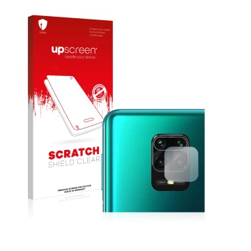 Parte frontal de un envase de producto con el logotipo de la marca upscreen. Al lado se muestra el dispositivo Xiaomi Redmi No