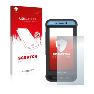 Parte frontal de un envase de producto con el logotipo de la marca upscreen. Al lado se muestra el dispositivo Ecom Smart-Ex 0