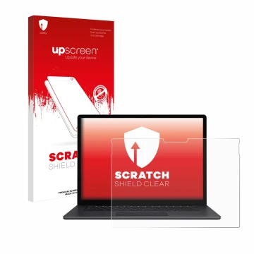 Parte frontal de un envase de producto con el logotipo de la marca upscreen. Al lado se muestra el dispositivo Microsoft Surfa