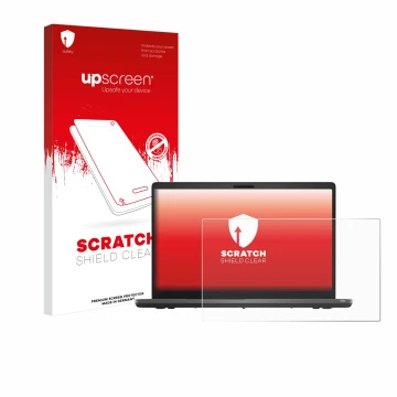Parte frontal de un envase de producto con el logotipo de la marca upscreen. Al lado se muestra el dispositivo Dell Latitude 5