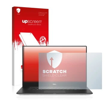 Parte frontal de un envase de producto con el logotipo de la marca upscreen. Al lado se muestra el dispositivo Dell Precision 