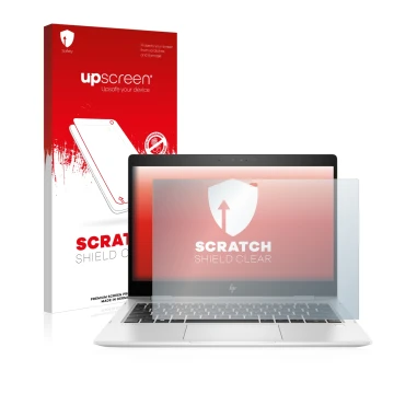 Parte frontal de un envase de producto con el logotipo de la marca upscreen. Al lado se muestra el dispositivo HP EliteBook x3