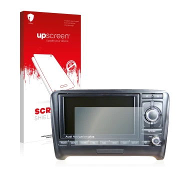 Parte frontal de un envase de producto con el logotipo de la marca upscreen. Al lado se muestra el dispositivo Audi A3 8P 2004