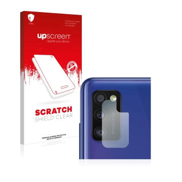 Parte frontal de un envase de producto con el logotipo de la marca upscreen. Al lado se muestra el dispositivo Samsung Galaxy 