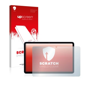 Parte frontal de un envase de producto con el logotipo de la marca upscreen. Al lado se muestra el dispositivo Huawei MatePad 