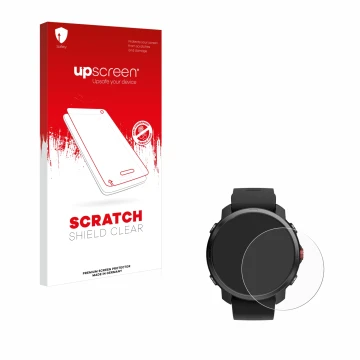 Parte frontal de un envase de producto con el logotipo de la marca upscreen. Al lado se muestra el dispositivo Polar Grit X co