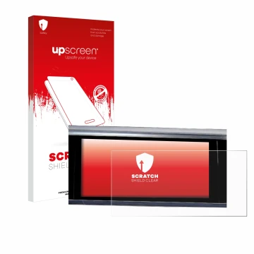 Parte frontal de un envase de producto con el logotipo de la marca upscreen. Al lado se muestra el dispositivo Audi A6 2018 MM