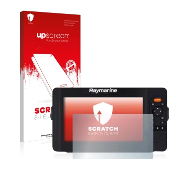 Parte frontal de un envase de producto con el logotipo de la marca upscreen. Al lado se muestra el dispositivo Raymarine Eleme