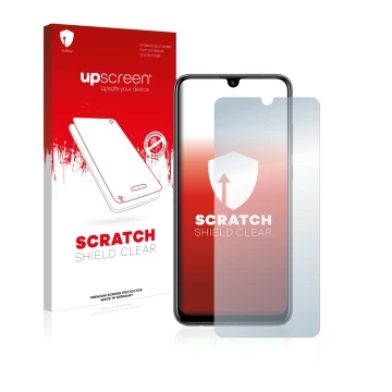 Parte frontal de un envase de producto con el logotipo de la marca upscreen. Al lado se muestra el dispositivo Huawei P smart 