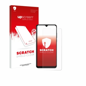 Parte frontal de un envase de producto con el logotipo de la marca upscreen. Al lado se muestra el dispositivo Huawei P30 lite