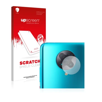 Parte frontal de un envase de producto con el logotipo de la marca upscreen. Al lado se muestra el dispositivo Xiaomi Poco F2 