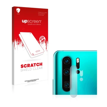 Parte frontal de un envase de producto con el logotipo de la marca upscreen. Al lado se muestra el dispositivo Huawei P30 Pro 