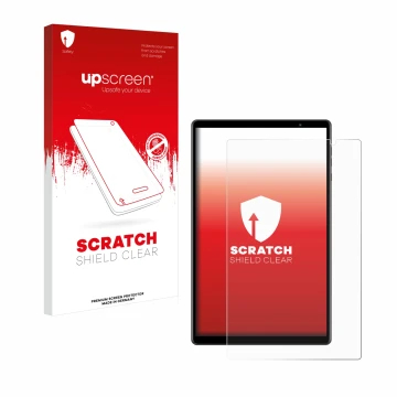 Parte frontal de un envase de producto con el logotipo de la marca upscreen. Al lado se muestra el dispositivo Teclast P10S co