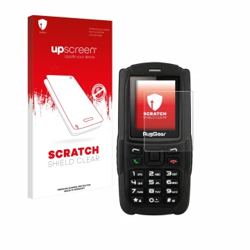 Parte frontal de un envase de producto con el logotipo de la marca upscreen. Al lado se muestra el dispositivo RugGear RG129 c