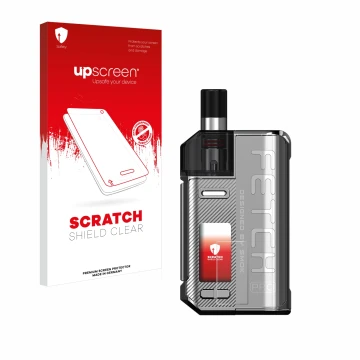 Parte frontal de un envase de producto con el logotipo de la marca upscreen. Al lado se muestra el dispositivo Smok Fetch 80W 