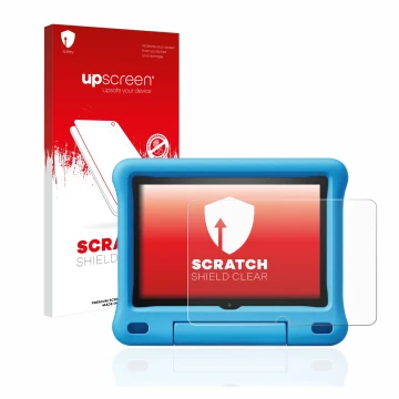 Parte frontal de un envase de producto con el logotipo de la marca upscreen. Al lado se muestra el dispositivo Amazon Fire HD 