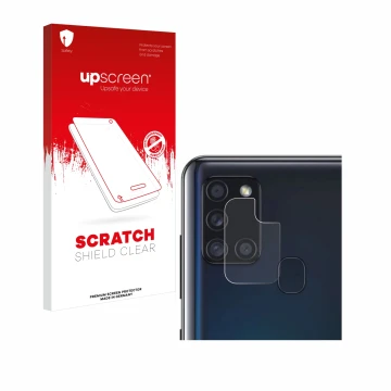 Parte frontal de un envase de producto con el logotipo de la marca upscreen. Al lado se muestra el dispositivo Samsung Galaxy 