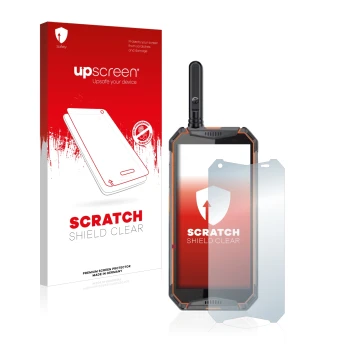 Parte frontal de un envase de producto con el logotipo de la marca upscreen. Al lado se muestra el dispositivo Ulefone Armor 3