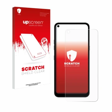 Parte frontal de un envase de producto con el logotipo de la marca upscreen. Al lado se muestra el dispositivo LG K61S con su 